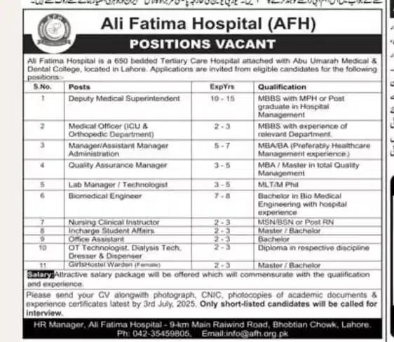 Ali Fatima Hospital Jobs 2025 Advertisement
