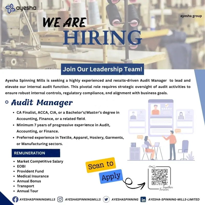 Audit Manager Jobs At Ayesha Spinning Mills 2025 Advertisement