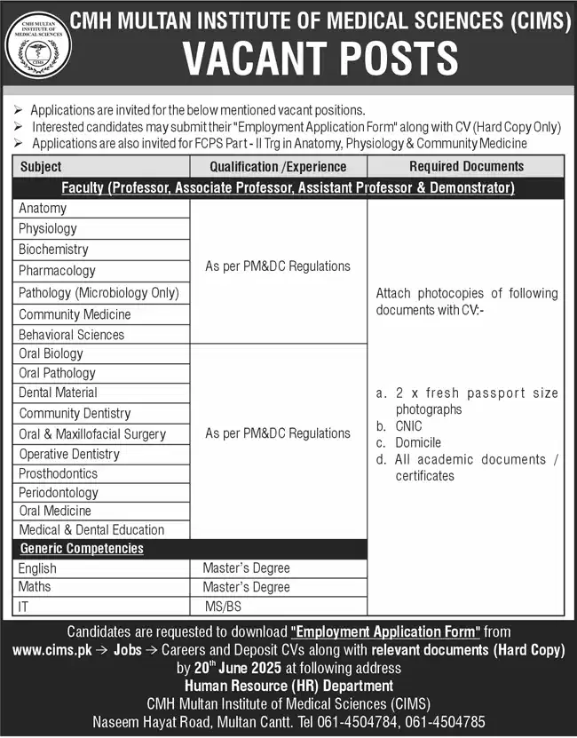 CMH Multan Institute Of Medical Sciences Jobs 2025 Advertisement
