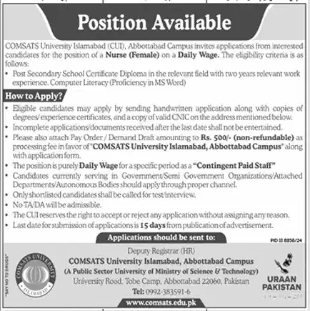 COMSATS University Islamabad Jobs 2025 Advertisement