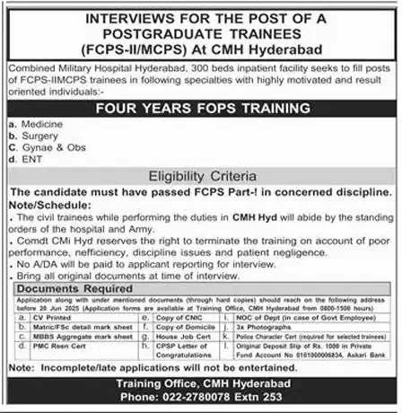 Combined Military Hospital CMH Hyderabad Medical Trainee Jobs 2025 Advertisement