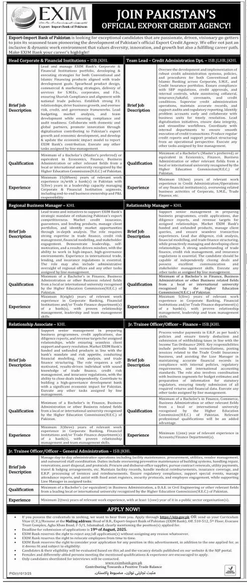 EXIM Bank of Pakistan Jobs 2025 Latest Advertisement