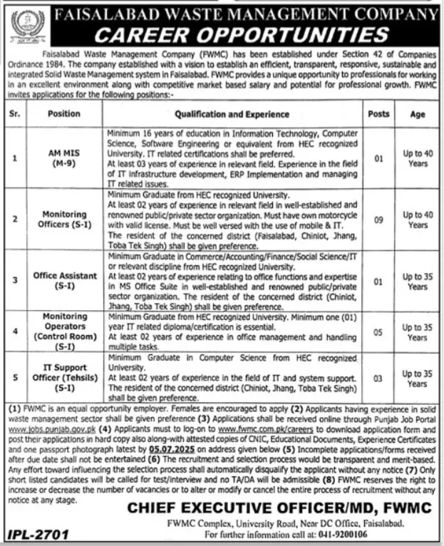 FWMC Jobs Apply Online 2025 Advertisement: