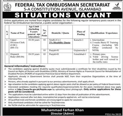 Federal Tax Ombudsman Secretariat Jobs 2025 Latest Advertisement