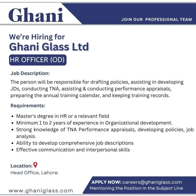 Ghani Glass Limited Jobs 2025 Advertisement