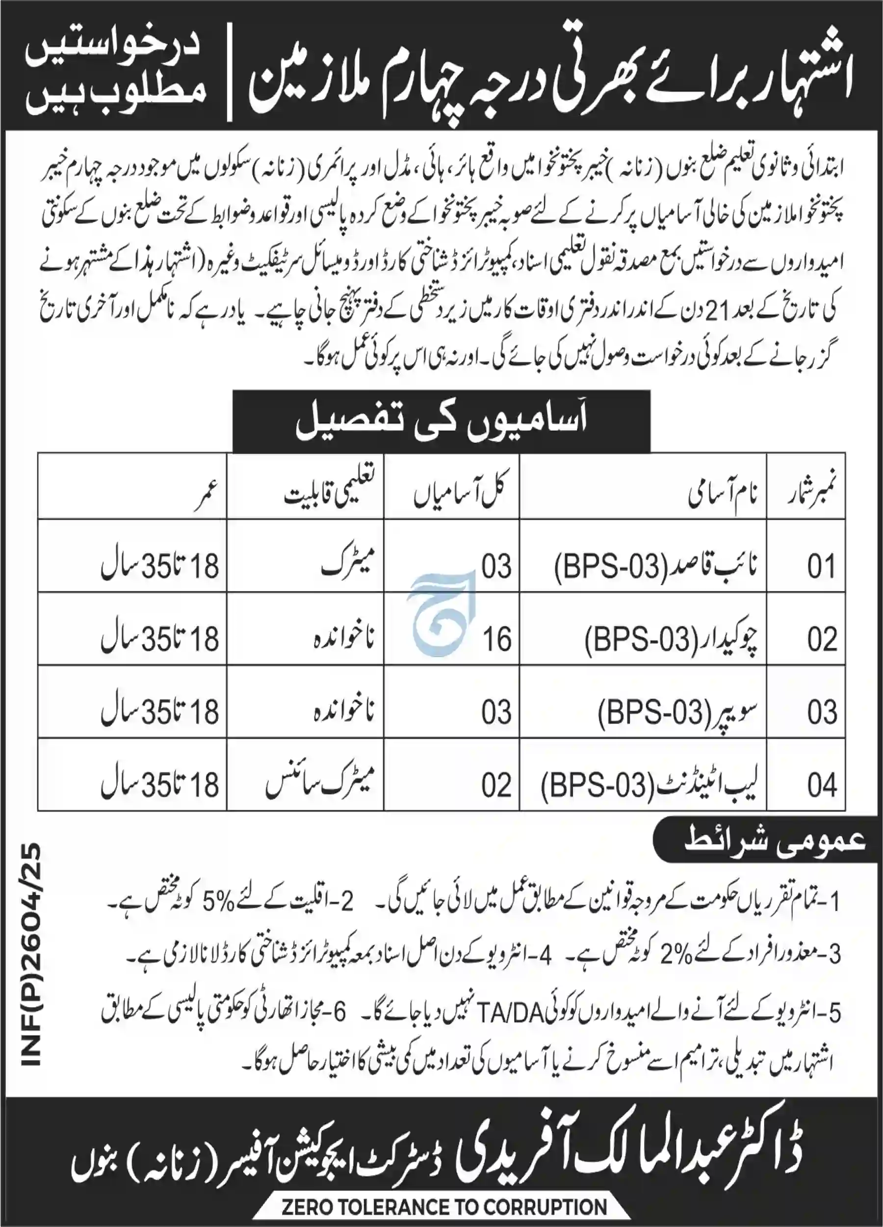 Grade IV Jobs at District Education Officer Bannu KPK in 2025 Advertisement