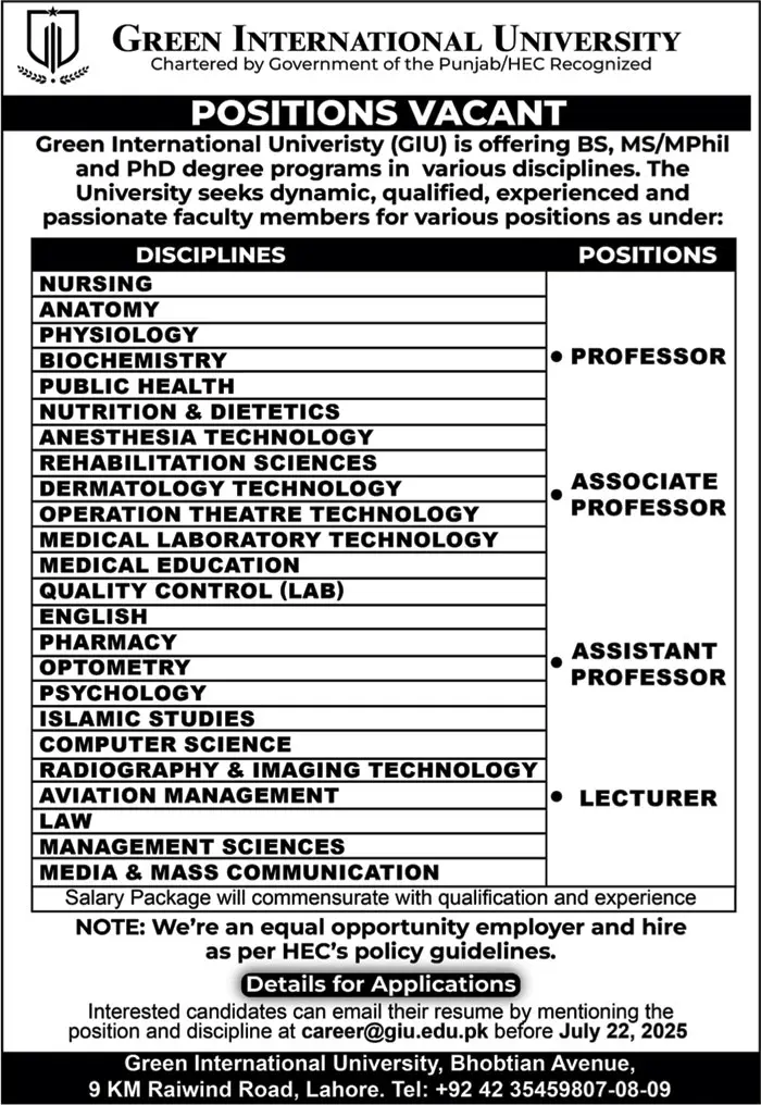 Green International University Jobs 2025 Advertisement