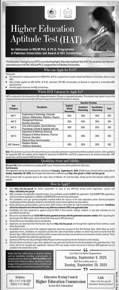 HEC Higher Education Aptitude Test 2025 Advertisement