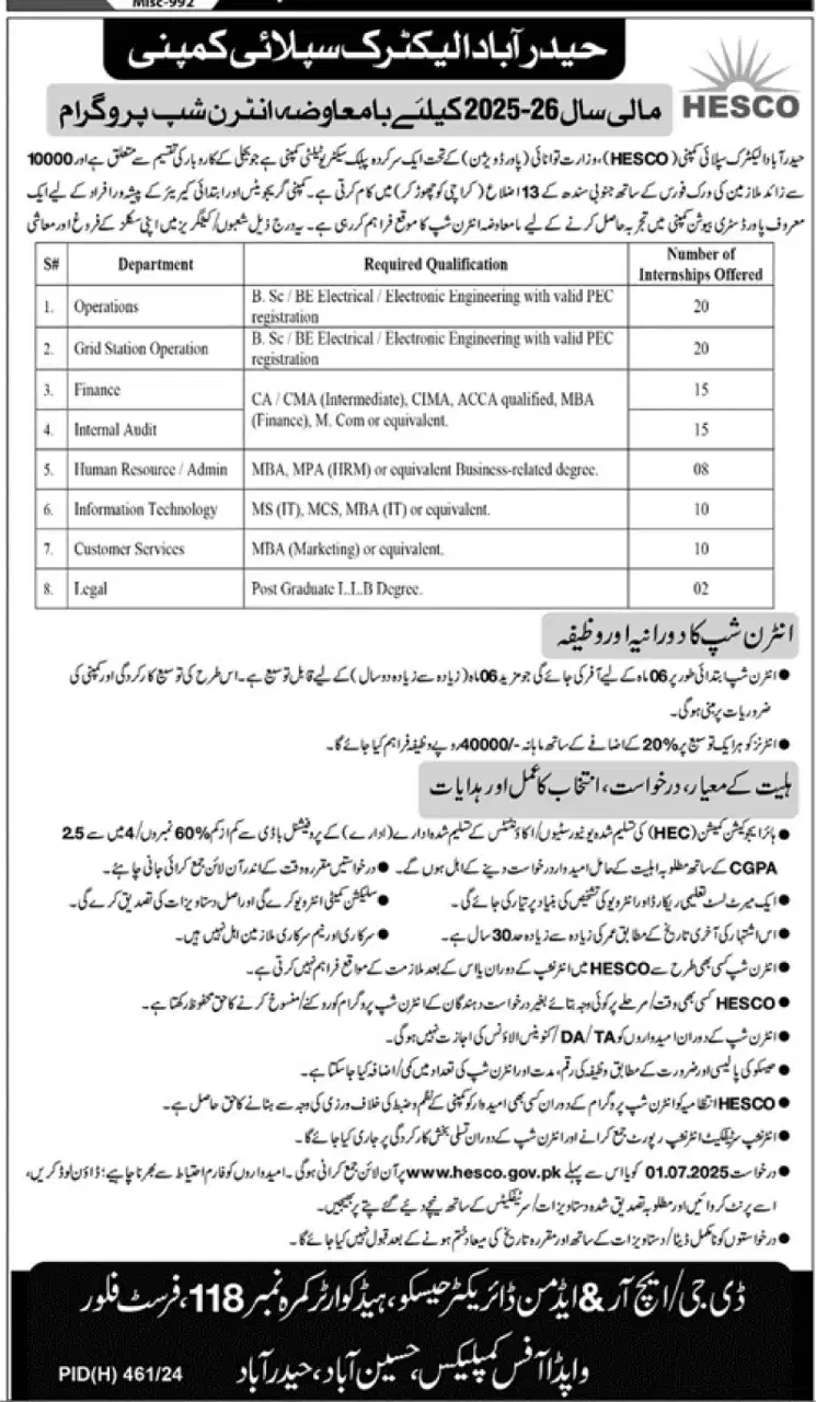 HESCO Internship Program 2025 Advertisement