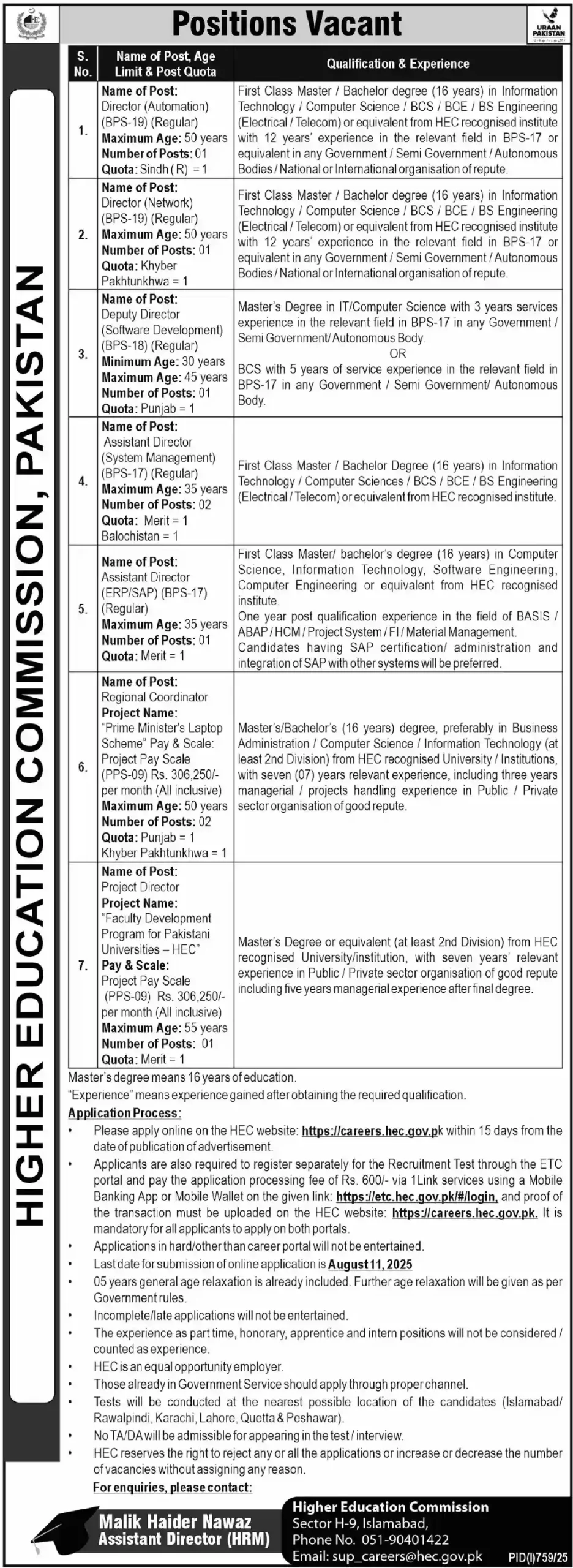 Higher Education Commission HEC Jobs 2025 Advertisement