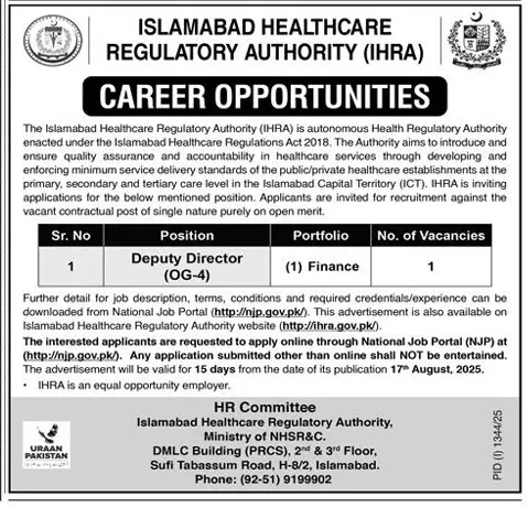 Islamabad Health Care Regulatory Authority IHRA Jobs 2025 Advertisement