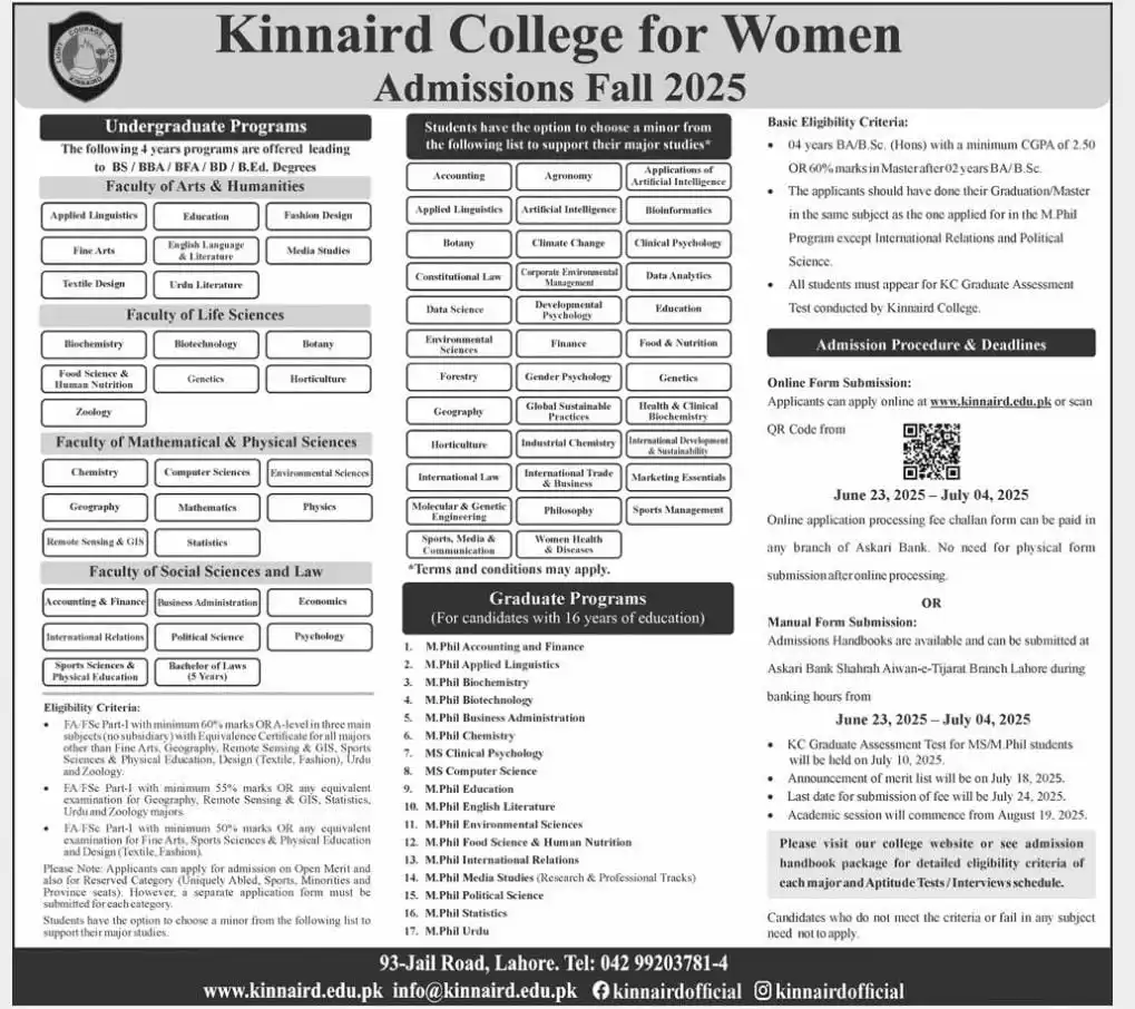 Kinnaird Admissions 2025 Advertisement