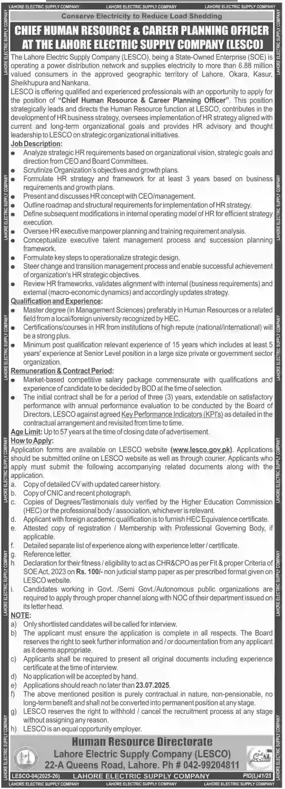 LESCO WAPDA Jobs 2025 Advertisement: