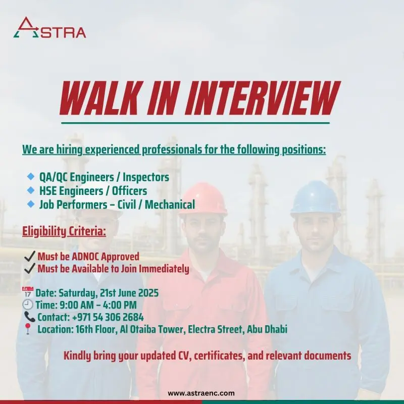 Latest Engineer and Inspector Jobs in Abu Dhabi UAE 2025 Advertisement