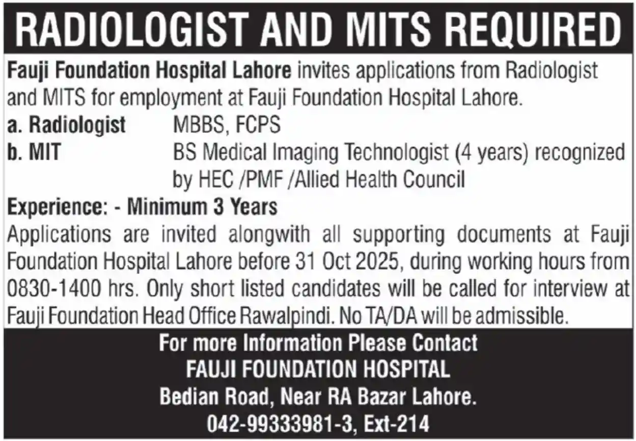 Fauji Foundation Hospital Lahore Jobs 2025 Today Advertisement