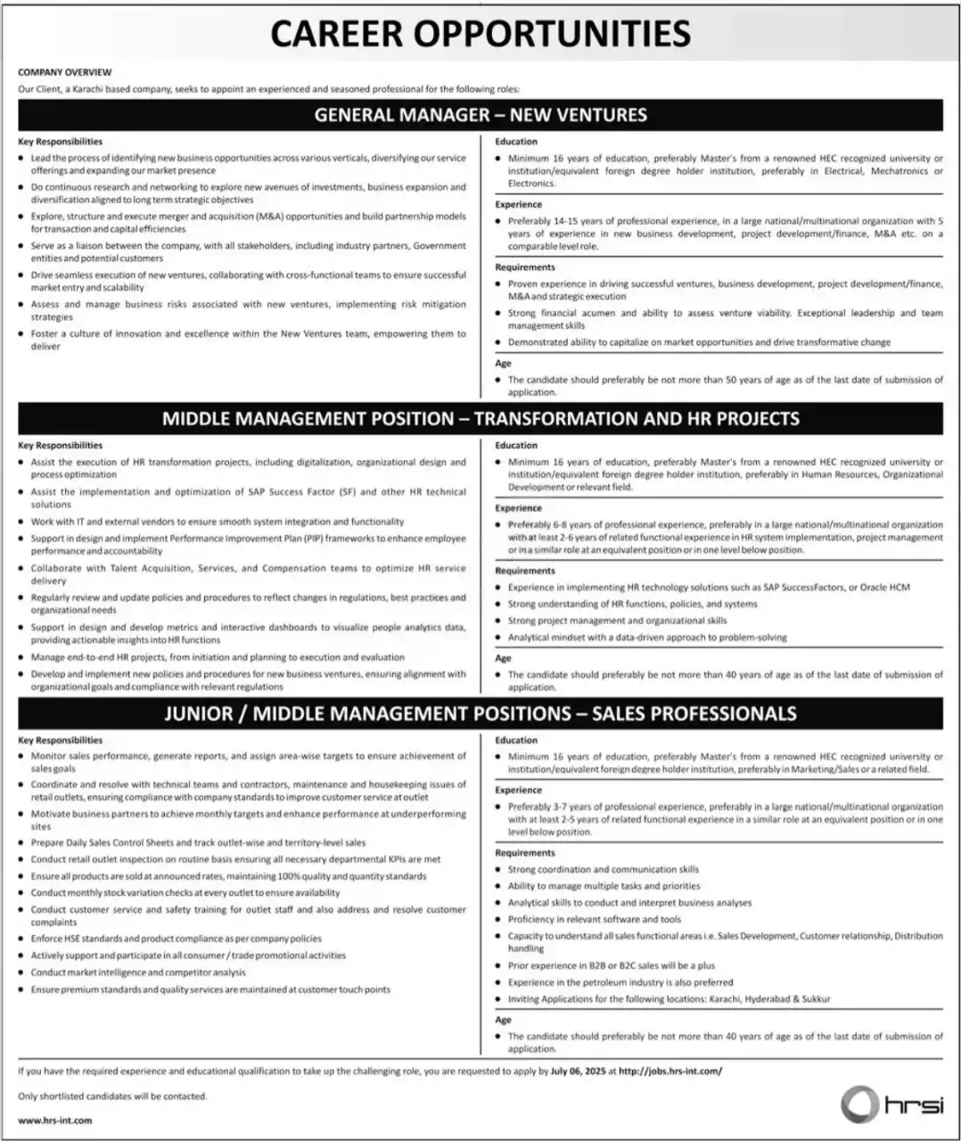 Human Resource Solution International HRSI Jobs 2025 Latest Advertisement
