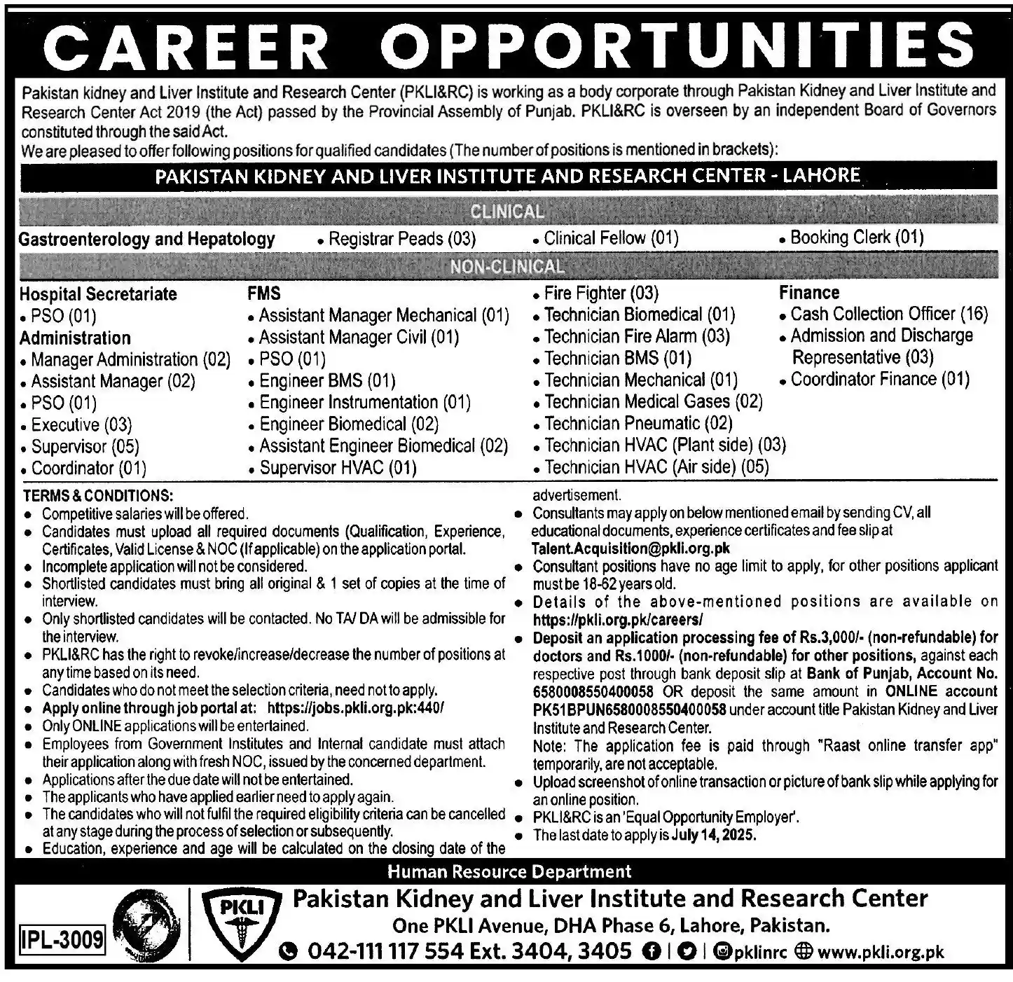 Pakistan Kidney and Liver Institute and Research Centre PKLI Jobs 2025 Today Advertisement