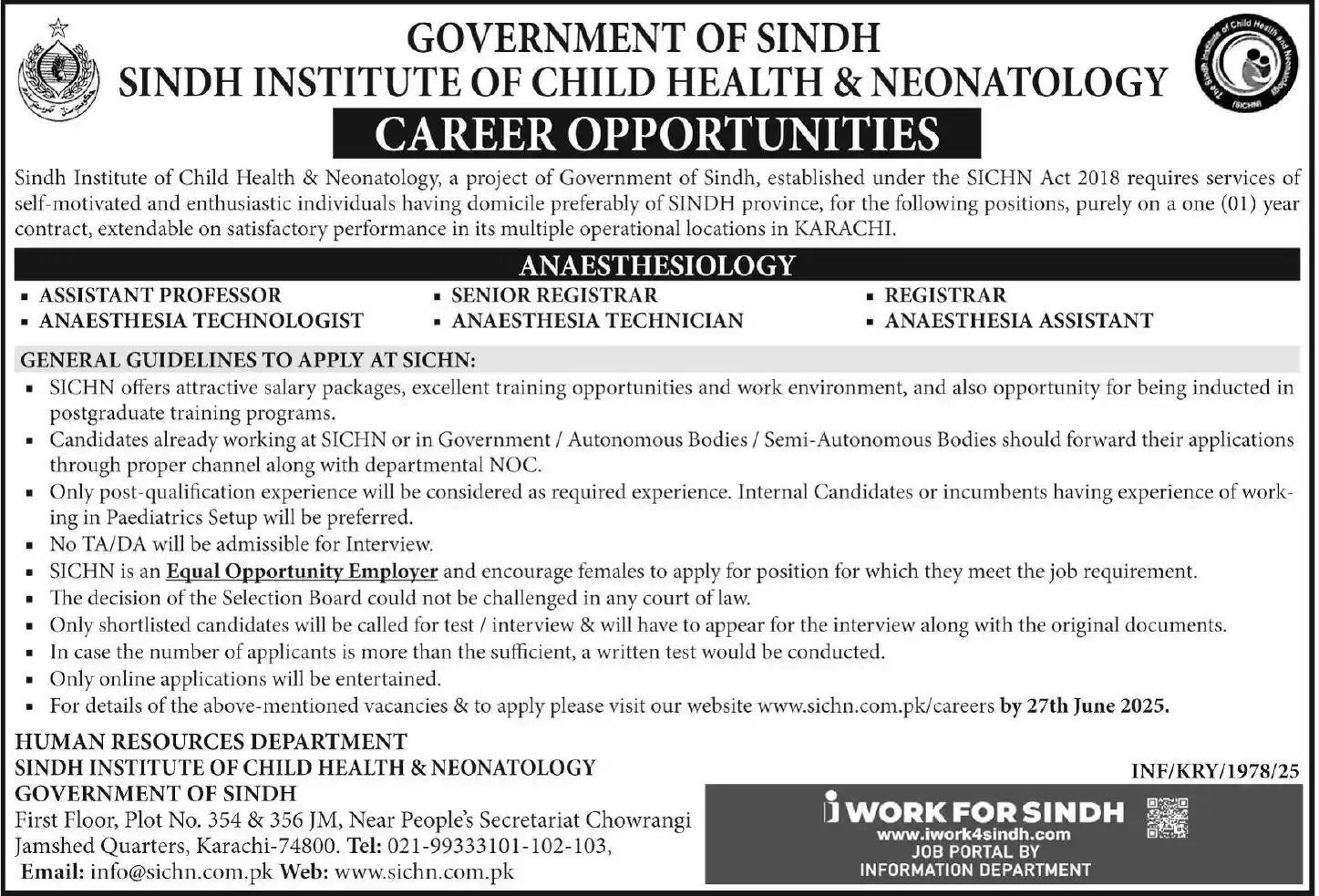 Sindh Institute of Child Health and Neonatology SICHN Jobs In June 2025 Today Advertisement