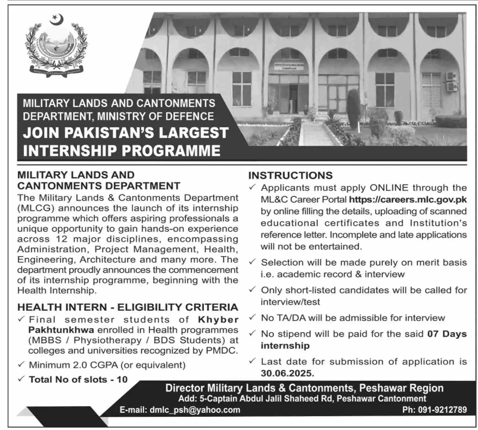 Pak Army Internship Program 2025 In Peshawar Advertisement