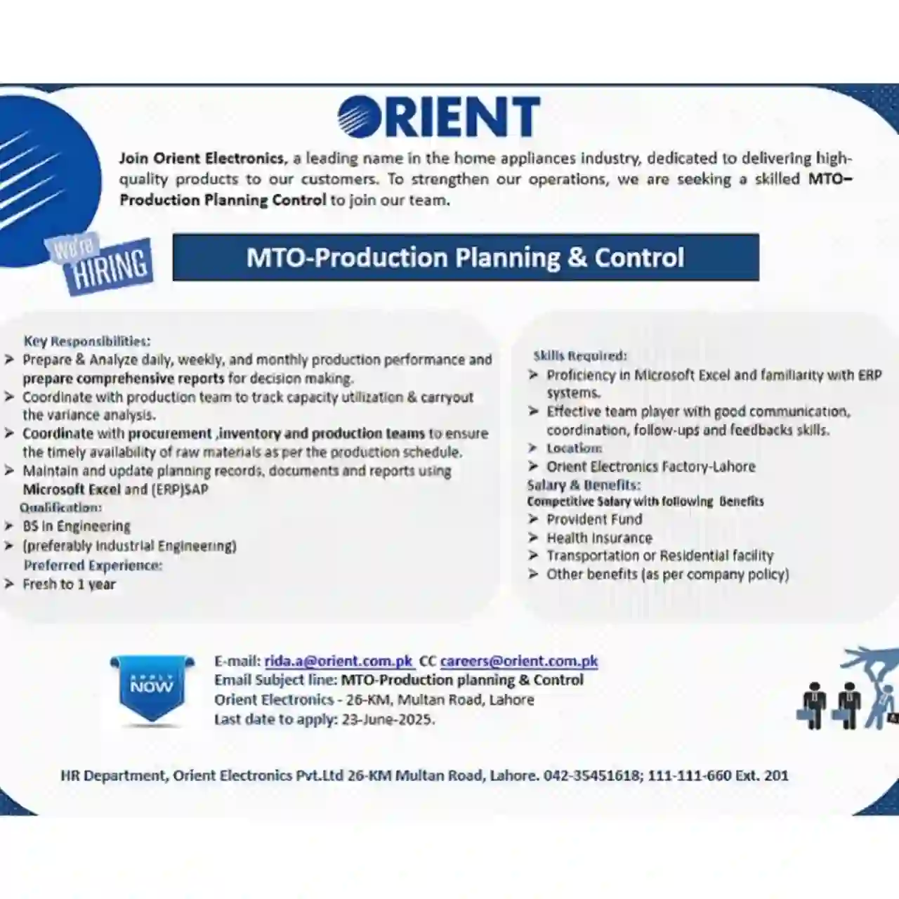 MTO Production Planning Jobs at Orient Electronics 2025 Advertisement