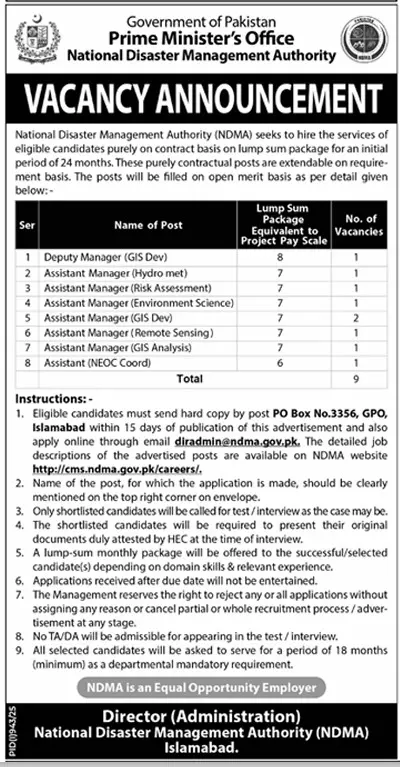 NDMA Jobs 2025 Advertisement