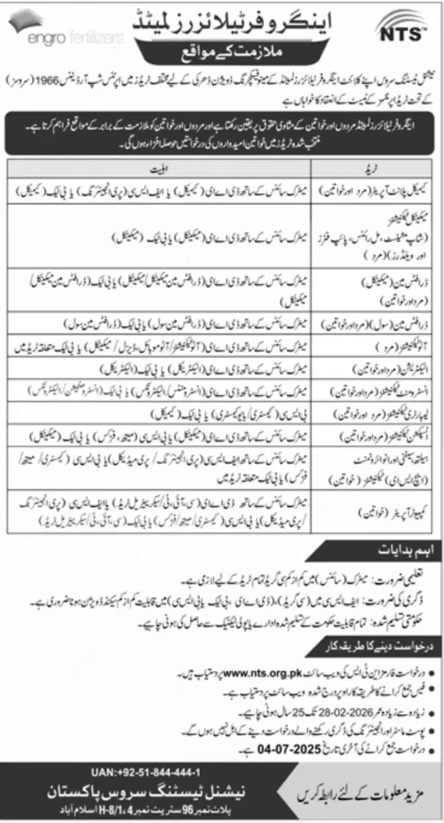 Engro Fertilizers Apprenticeship 2025 Advertisement