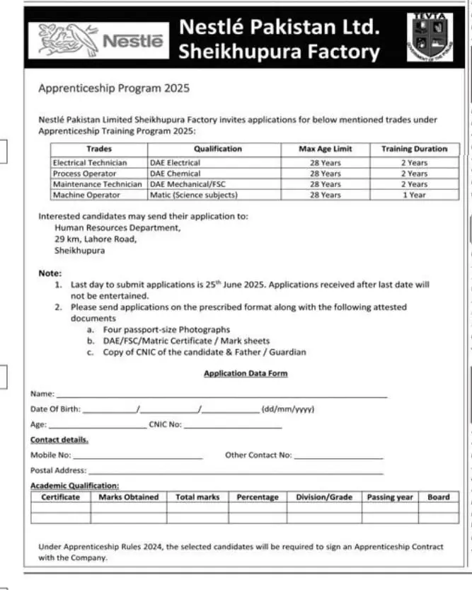 Nestle Apprenticeship 2025 Advertisement