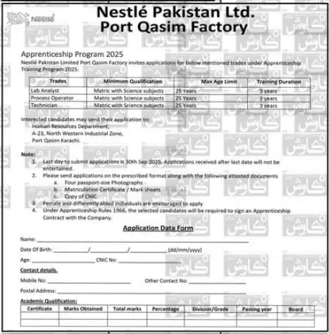 Nestlé Pakistan Apprenticeship Program 2025 Advertisement