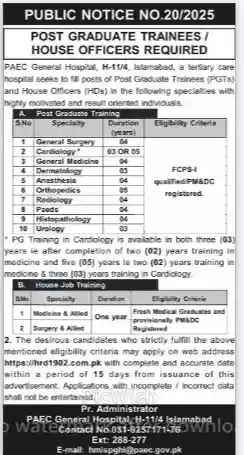 PAEC General Hospital Islamabad Jobs 2025 Advertisement