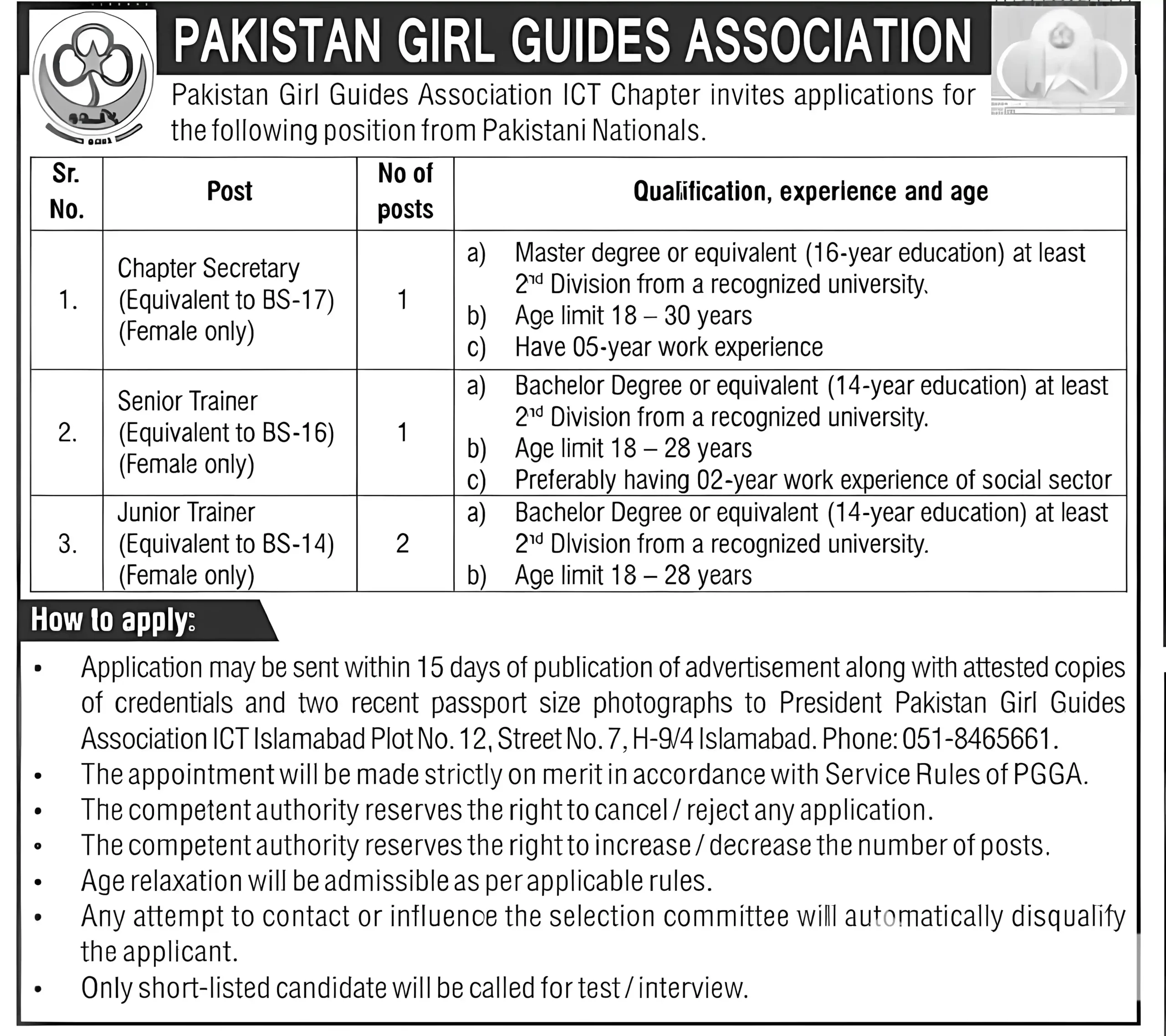 Pakistan Girl Guides Association PGGA Jobs 2025 Advertisement