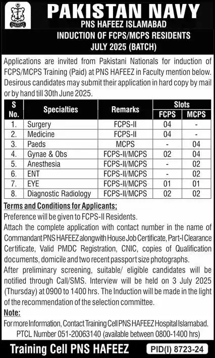 Pakistan Navy FCPSMCPS Residency Program 2025 Advertisement