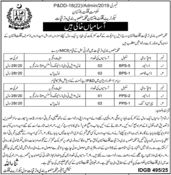 Planning and Development Department Gilgit Jobs 2025 Advertisement
