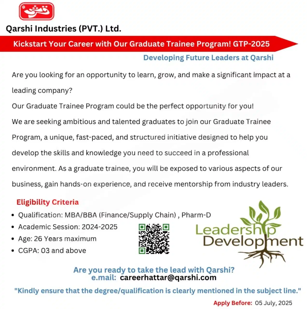 Qarshi Industries Graduate Trainee Program 2025 Advertisement