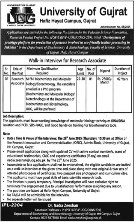 Research Associate Jobs at UOG University Of Gujrat 2025 Advertisement