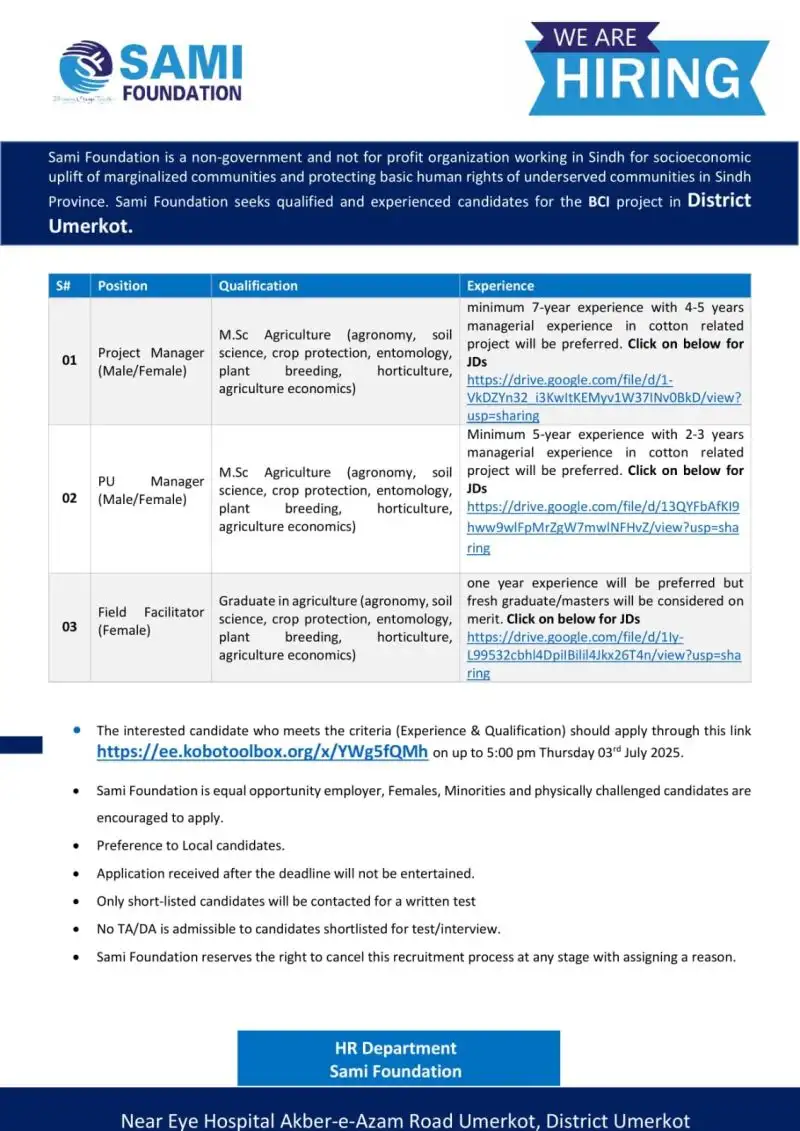 Sami Foundation Jobs 2025 Advertisement