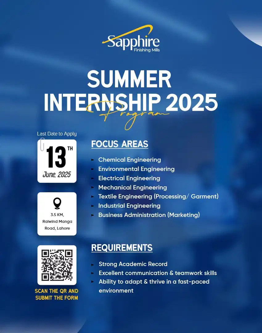 Sapphire Finishing Mills Internship 2025 Advertisement