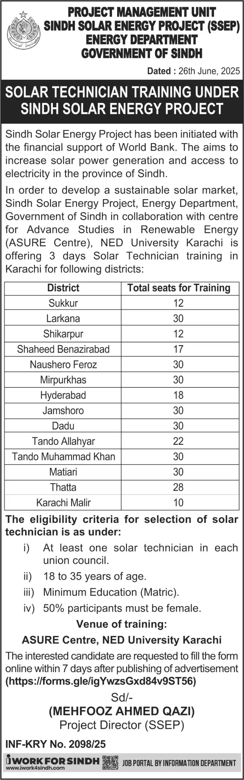 Sindh Solar Energy Project Training Program 2025 Advertisement