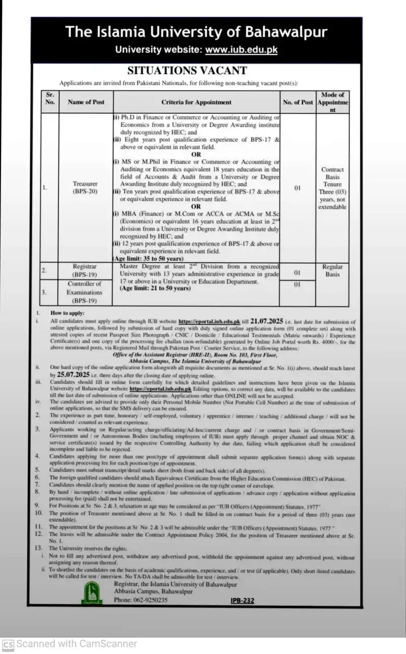Treasurer and Registrar Jobs at Islamia University Bahawalpur 2025 Advertisement