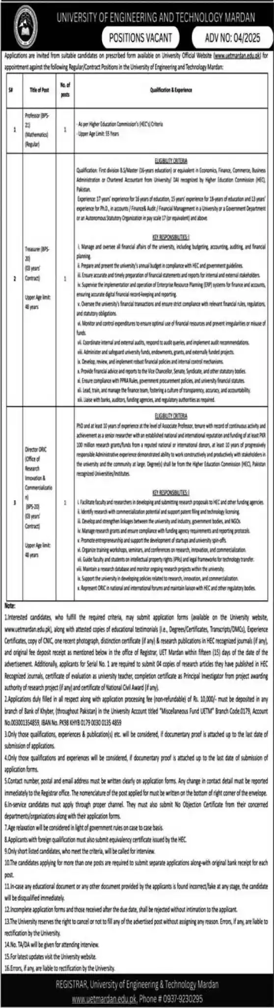 UET Mardan Jobs 2025 Advertisement