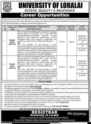 University of Loralai Jobs 2025 Advertisement