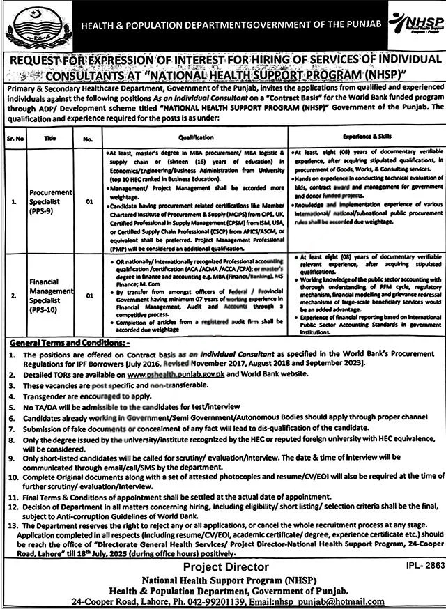 Various Healthcare Positions at Primary & Secondary Healthcare Department, Punjab Advertisement