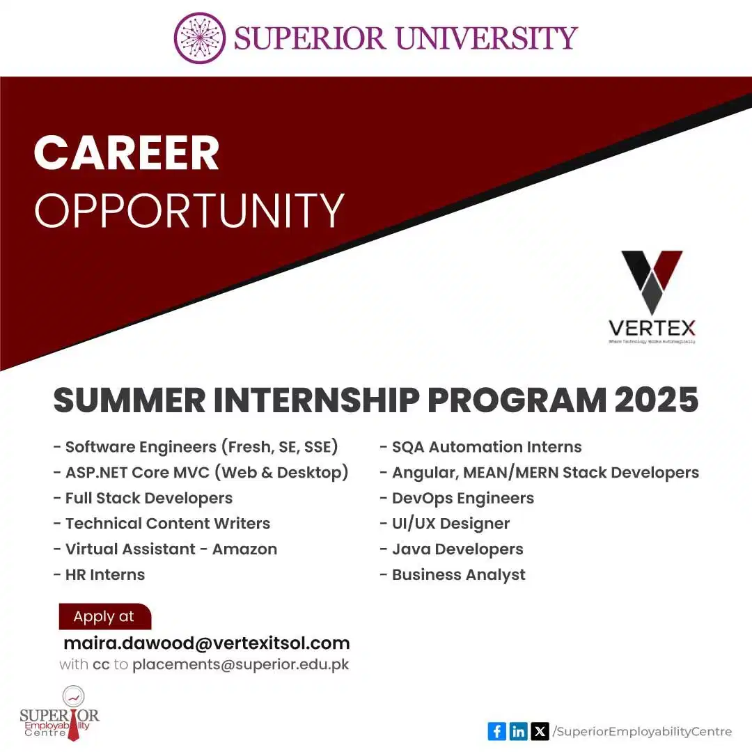 Vertex Superior University Internship 2025 Advertisement