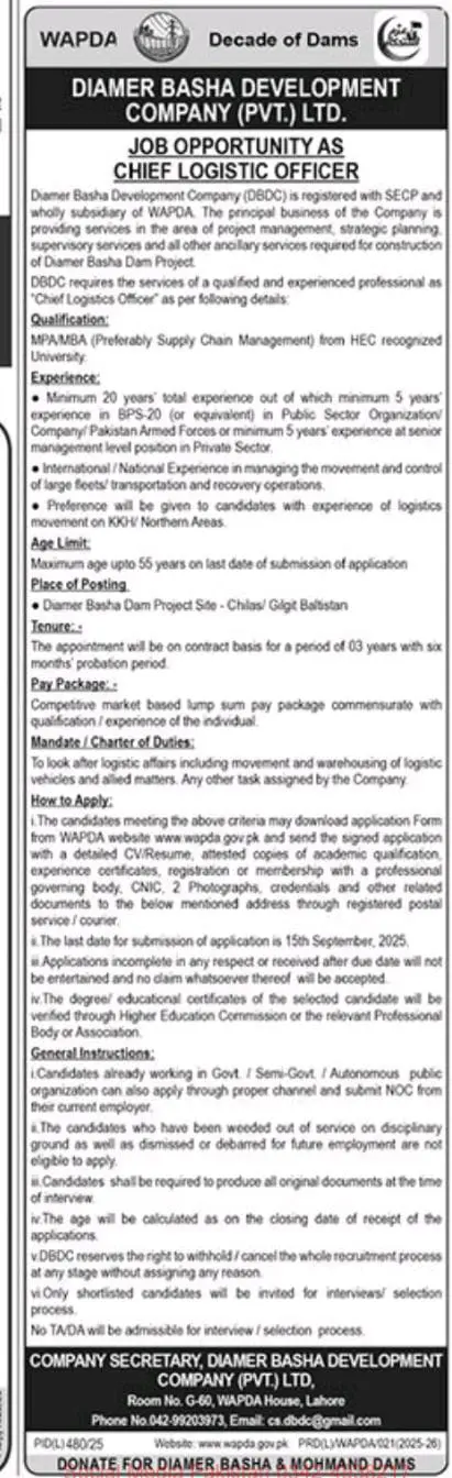 WAPDA Basha Development Company Jobs 2025 Advertisement