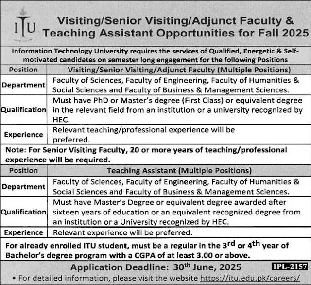 Www.itu.edu.pk Careers 2025 Advertisement