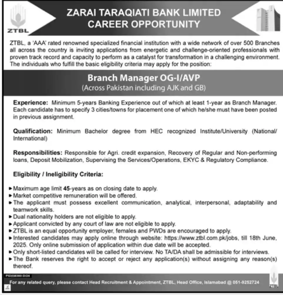 ZTBL Branch Manager Jobs 2025 Advertisement