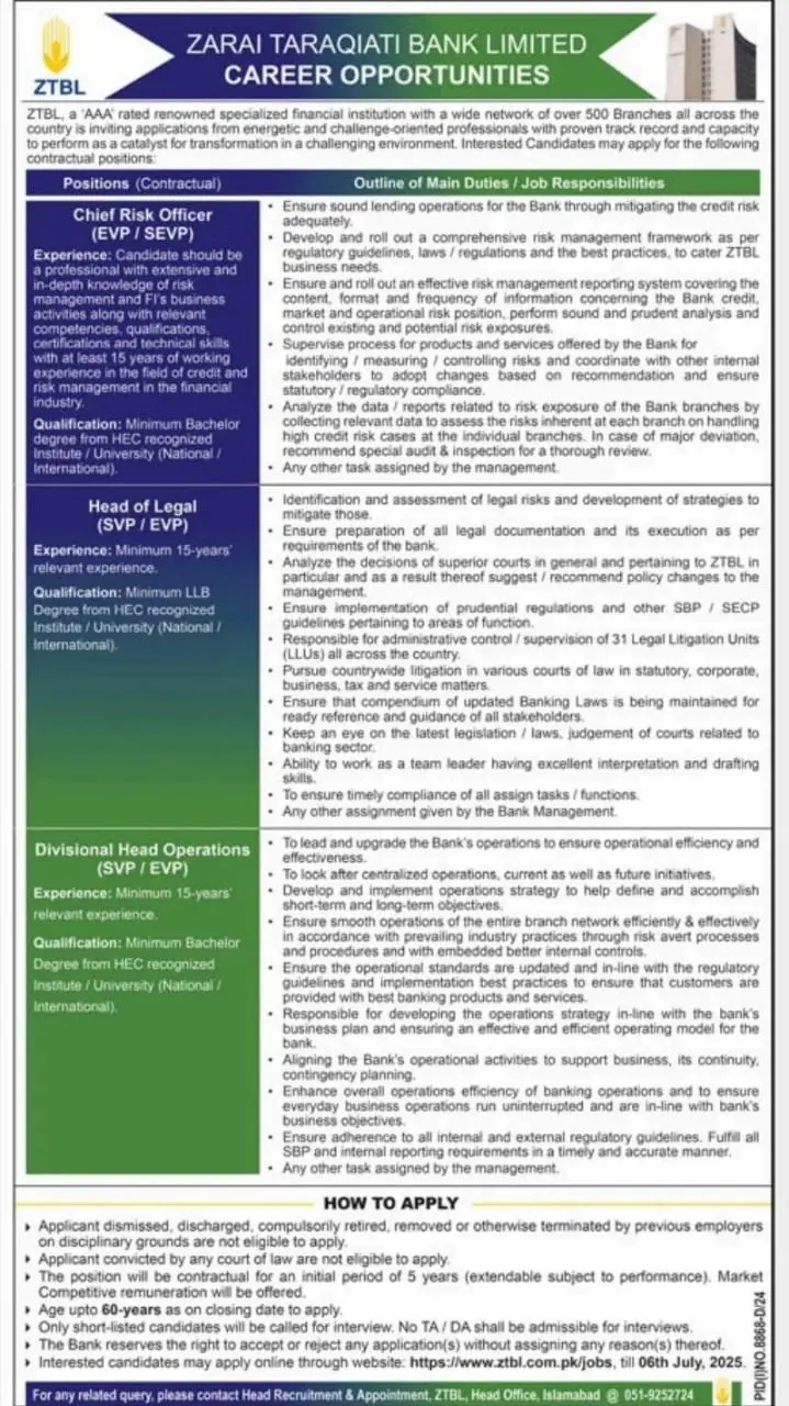 Zarai Taraqiati Bank Limited ZTBL Jobs 2025 Latest Advertisement