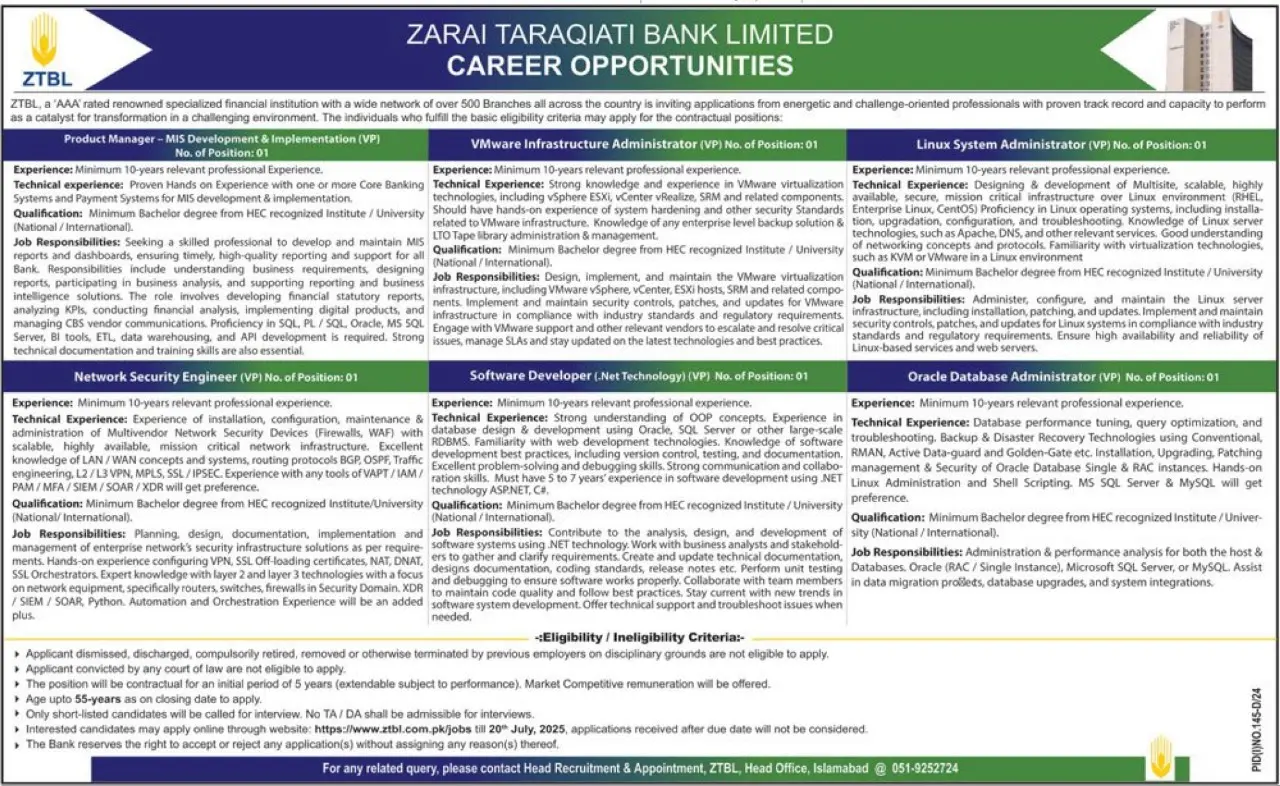 Zarai Taraqiati Bank Limited ZTBL Islamabad Jobs 2025 Advertisement