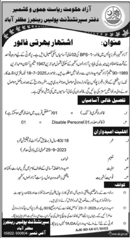 AJK Rangers Police Muzaffarabad Jobs 2025 Advertisement