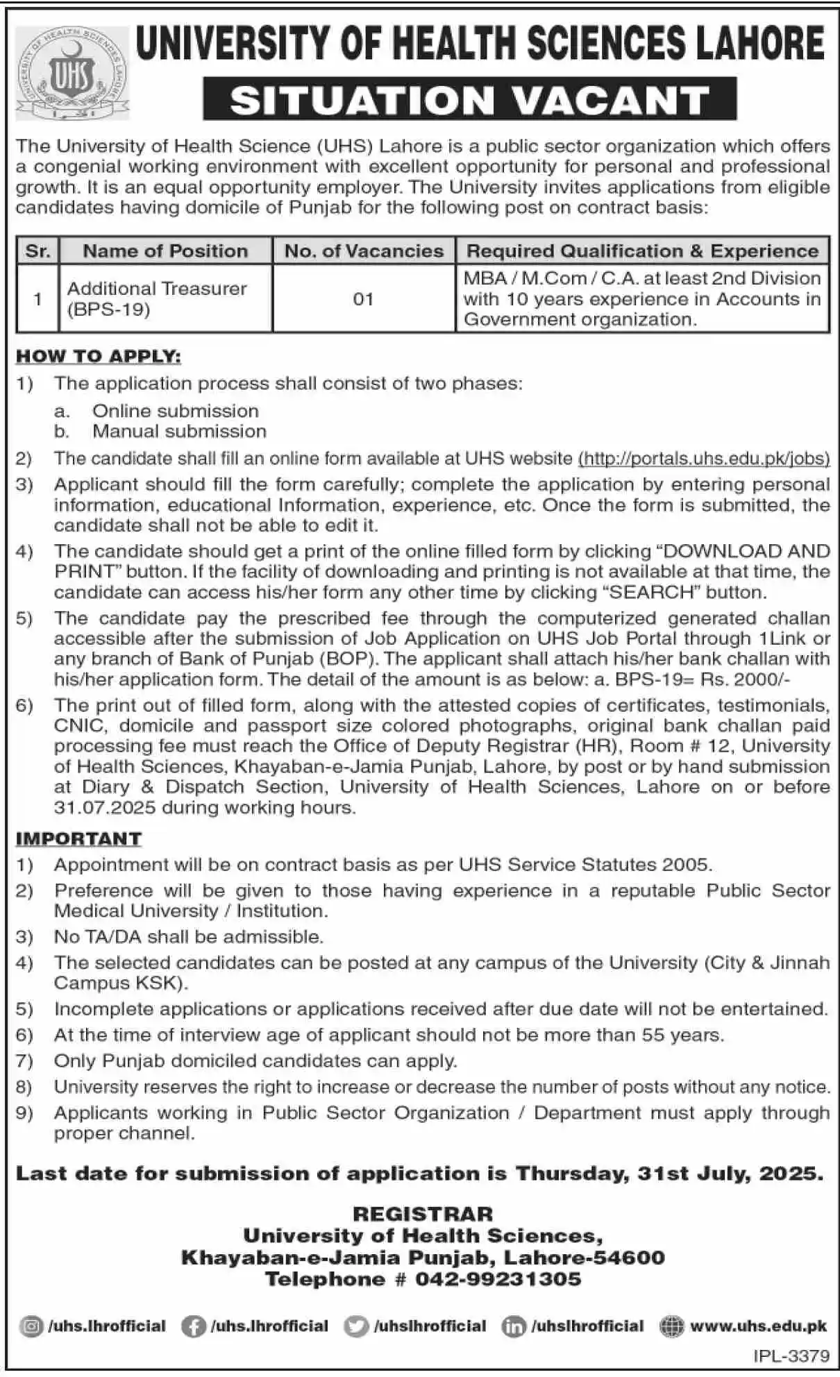Additional Treasurer Jobs at UHS 2025 Advertisement