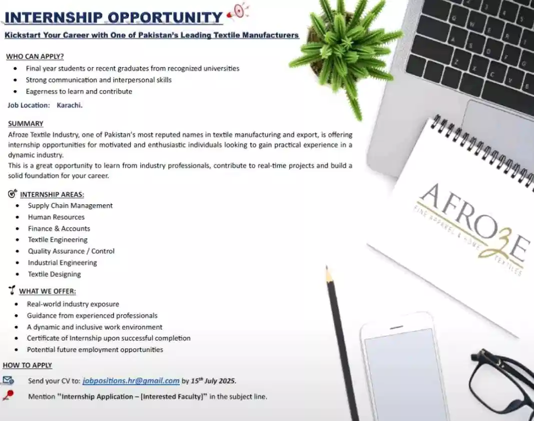 Afroze Textile Internship 2025 Advertisement